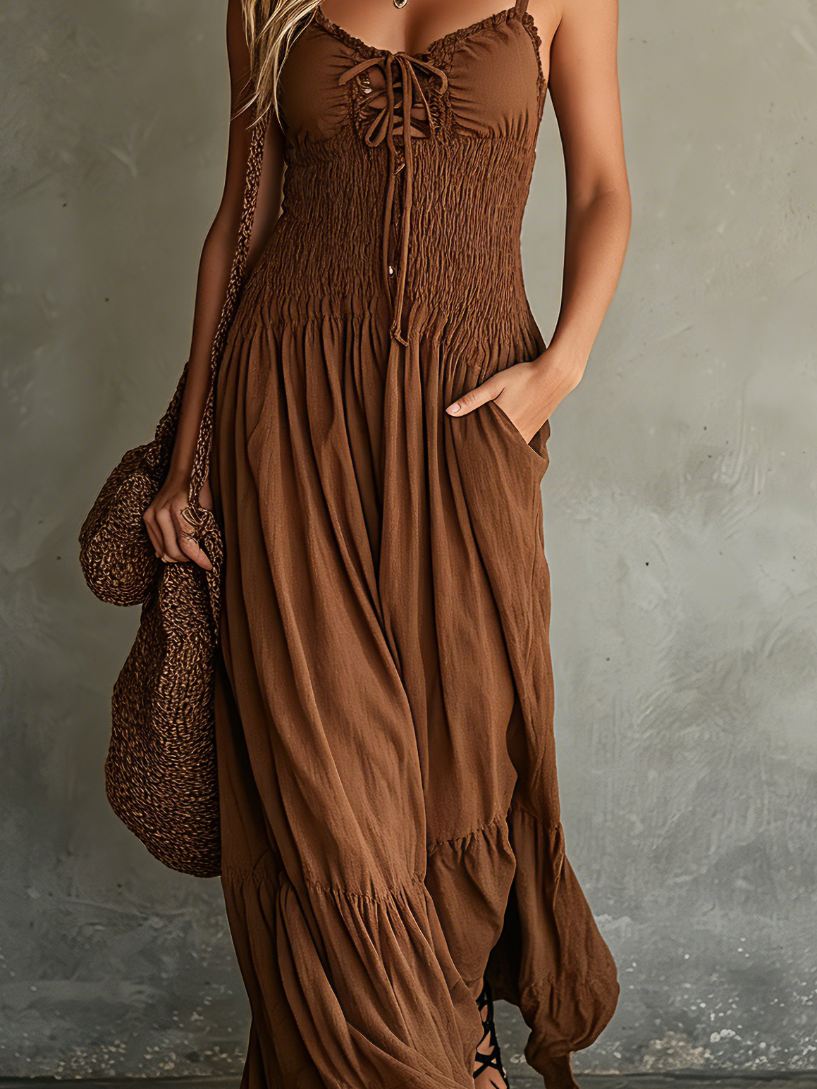 Women's Casual Brown Woven Sleeveless Spaghetti-Strap Maxi Dress MDZ2467D7LXY