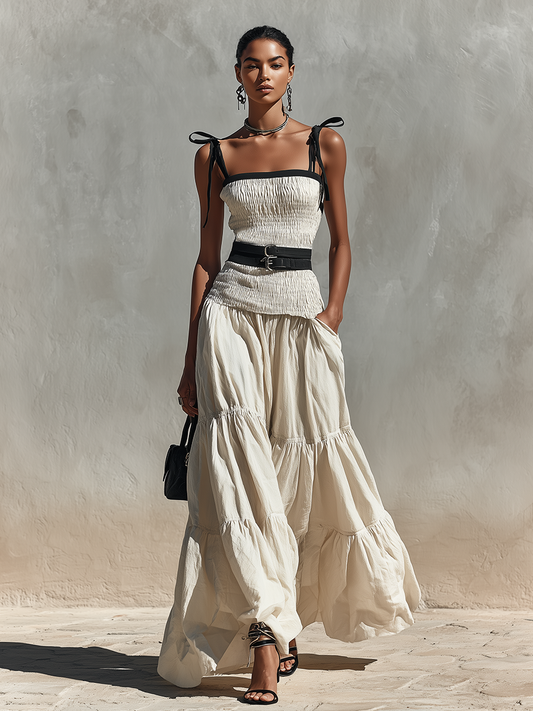 Women's Cream Linen-Blend Two-Piece Set With Smocked Top & Tiered Maxi Skirt, Timeless Boho-Chic Summer Outfit (without Belt) MDZ2526D3LYL