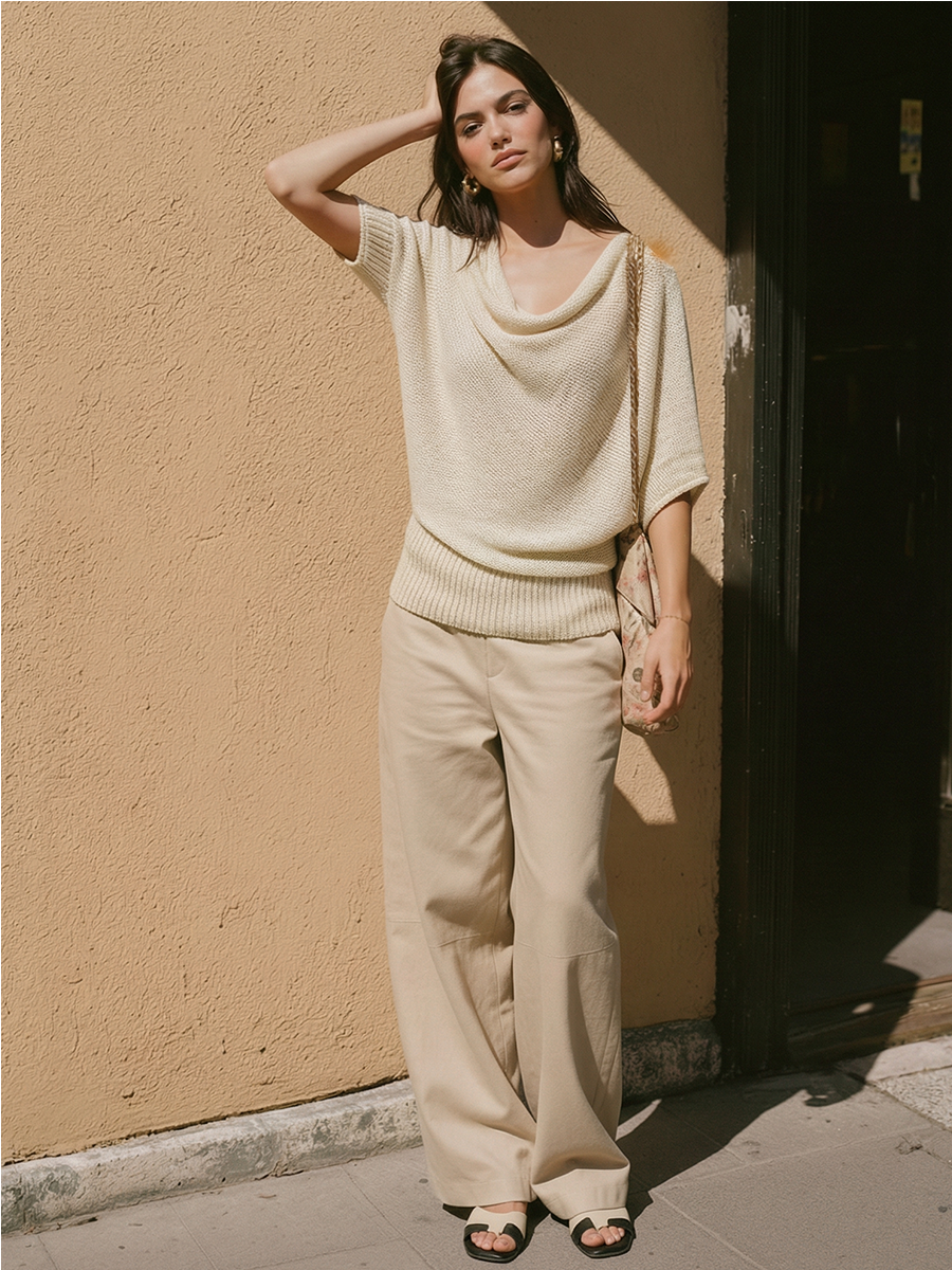 Women's Cream Knit Cowl-Neck Top With Short Dolman Sleeves, Timeless Effortless-Chic Knit Blouse MDZ2547D6LYL