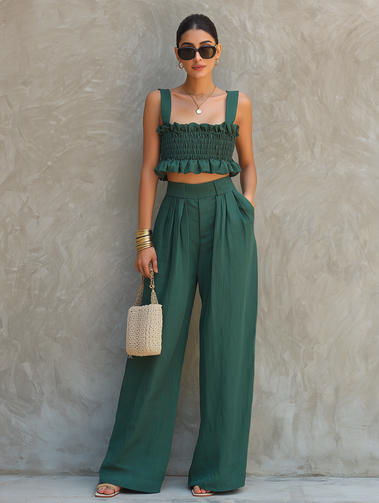 Women's Minimalist Blended Set: Sleeveless, Ruffled, Square-Neck Top & Wide-Leg Pants MDZ2555D7Y