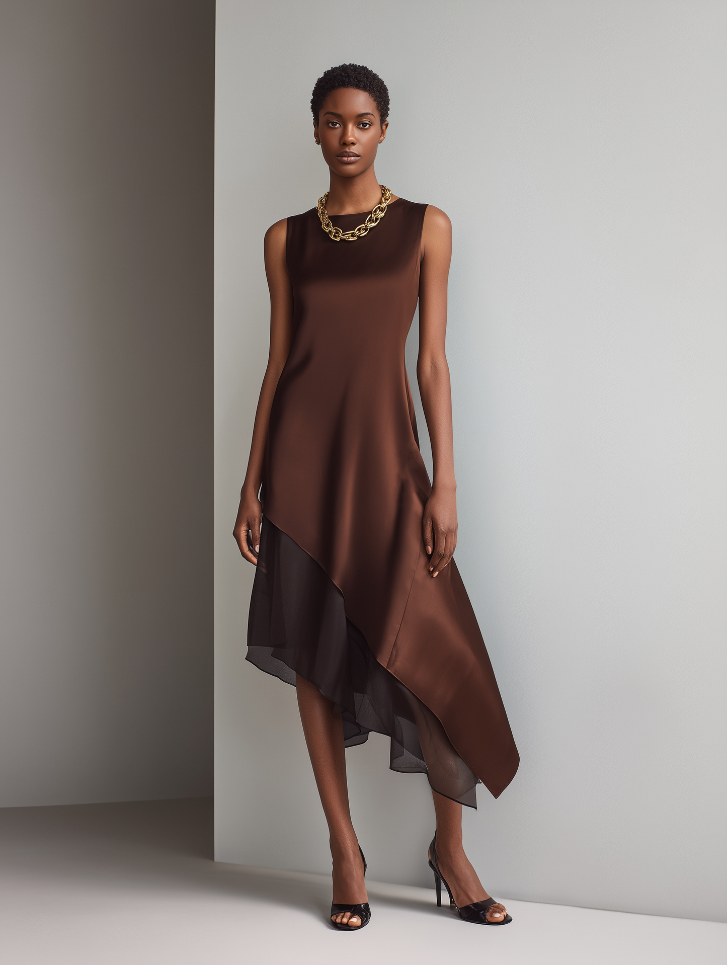Women's Minimalist Faux Acetate & Chiffon Paneled Midi Dress ¡ª Sleeveless, Crew Neck, Asymmetrical Hem MDZ2580D3Y