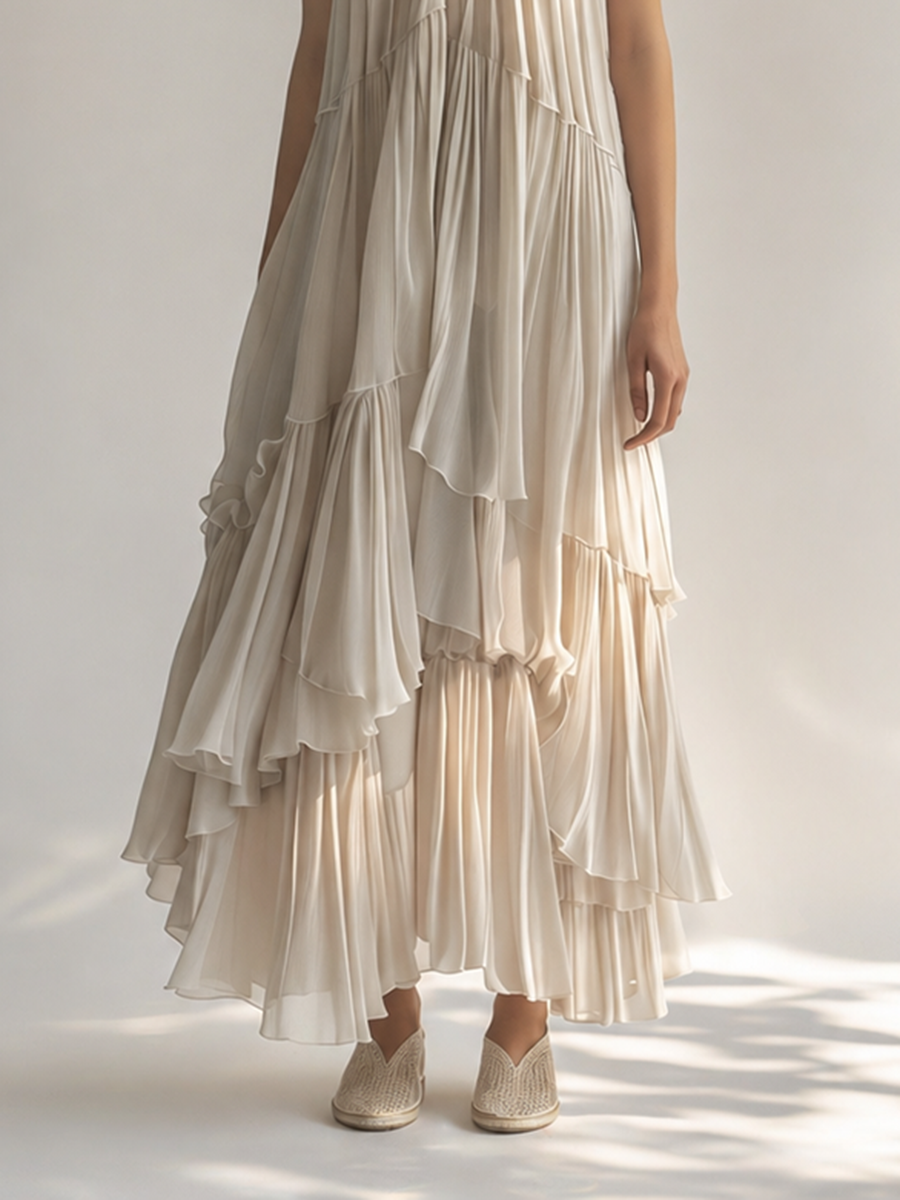 Women's Elegant & Minimalist Off-White Sleeveless Chiffon Maxi Dress ¡ª Ruffled Collar & Tiered Pleats MDZ2515D1ZJW
