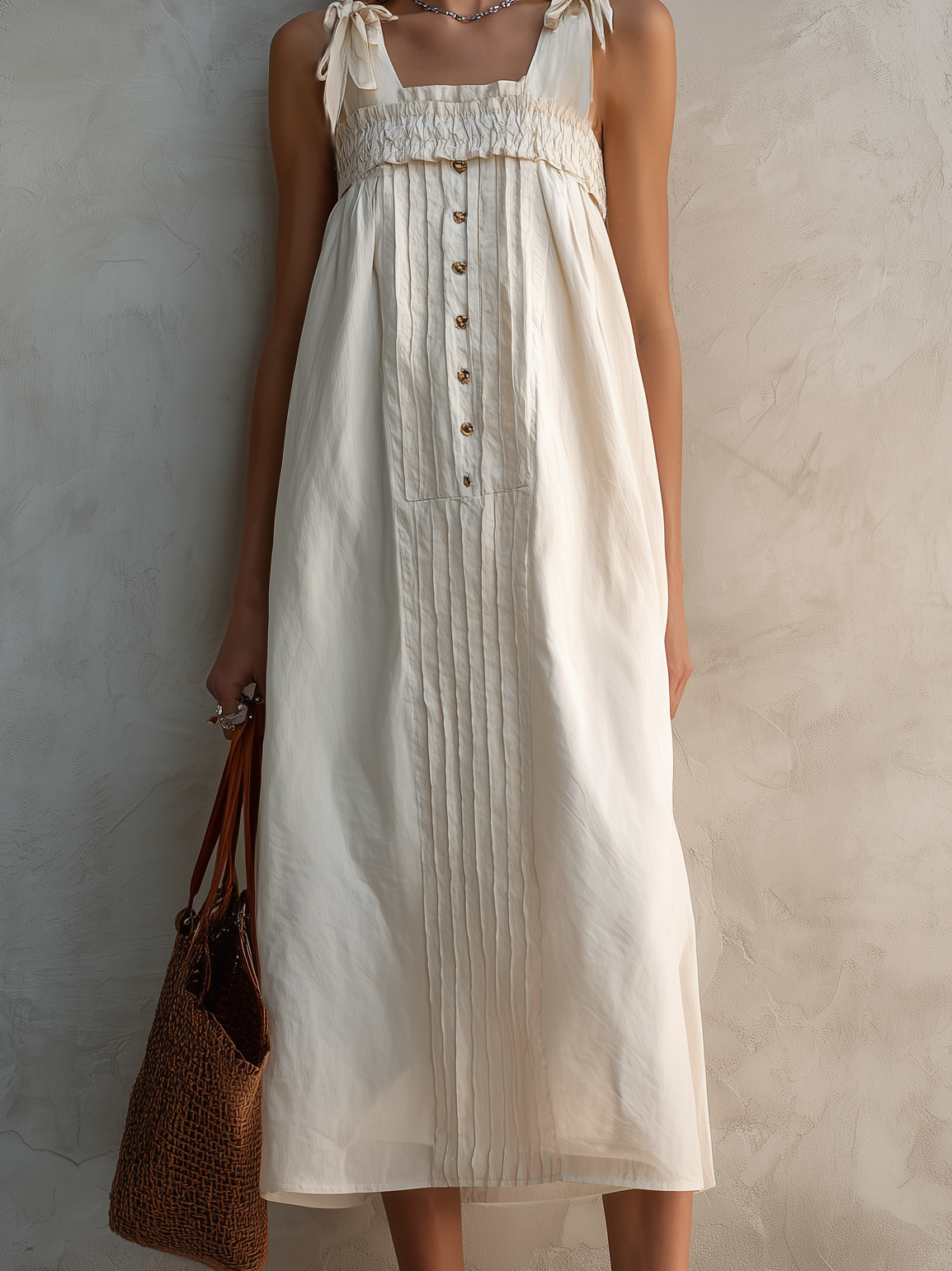 Women's Casual White Cotton-Linen Square-Neck Sleeveless Straight-Cut Midi Dress MDZ2567D5LXY
