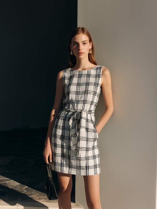 Women's Elegant Black & White Plaid Cotton-Linen Short Dress ¡ª Crew Neck, Sleeveless, Loose Fit MDZ2741D6LXY