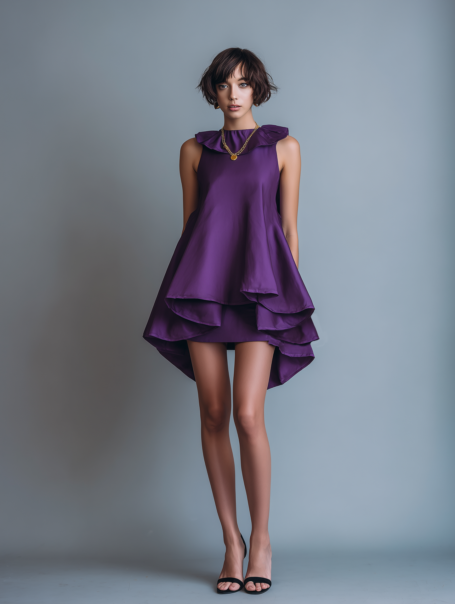 Women's Elegant Satin Mini Dress With Petal Collar, Sleeveless Design, And Ruffled Hem MDZ2848D7Y