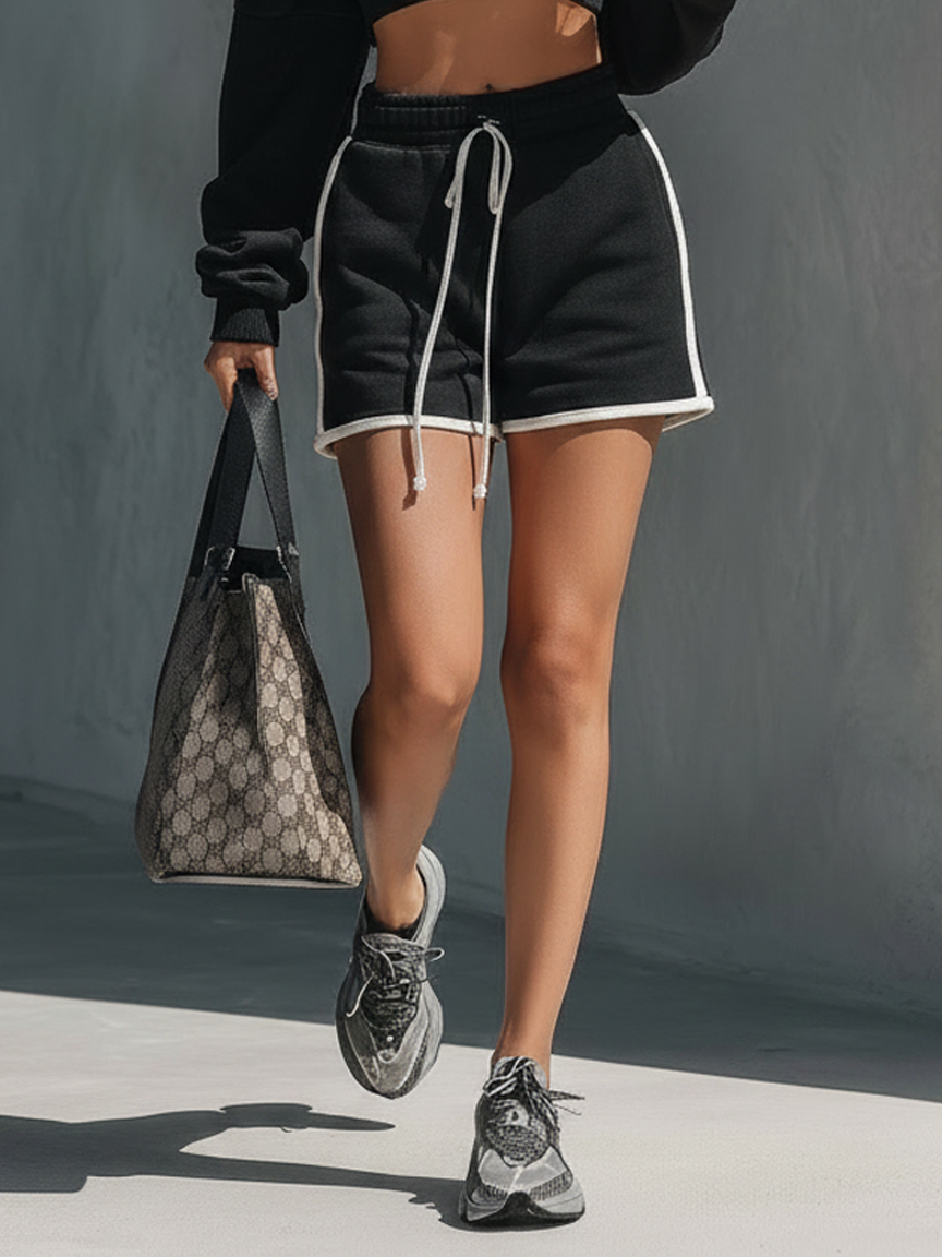 Women's Athleisure White Trim Set: Off-Shoulder Long-Sleeve Cropped Sweatshirt & Drawstring Shorts MDZ2844D5Y