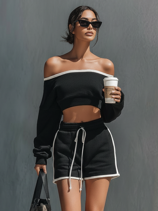 Women's Athleisure White Trim Set: Off-Shoulder Long-Sleeve Cropped Sweatshirt & Drawstring Shorts MDZ2844D5Y