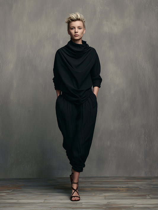 Women's Minimalist Black Polyester-Cotton Set: Mock-Neck Top & Loose-Fit Tapered Cropped Harem Pants MDZ2745D6ZJW