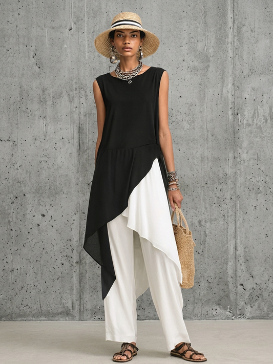 Women's Fashionable Black And White Color-Blocked Cotton Blend Chiffon Patchwork Sleeveless Long Top With Asymmetrical Hem MDZ2813D8GMJ