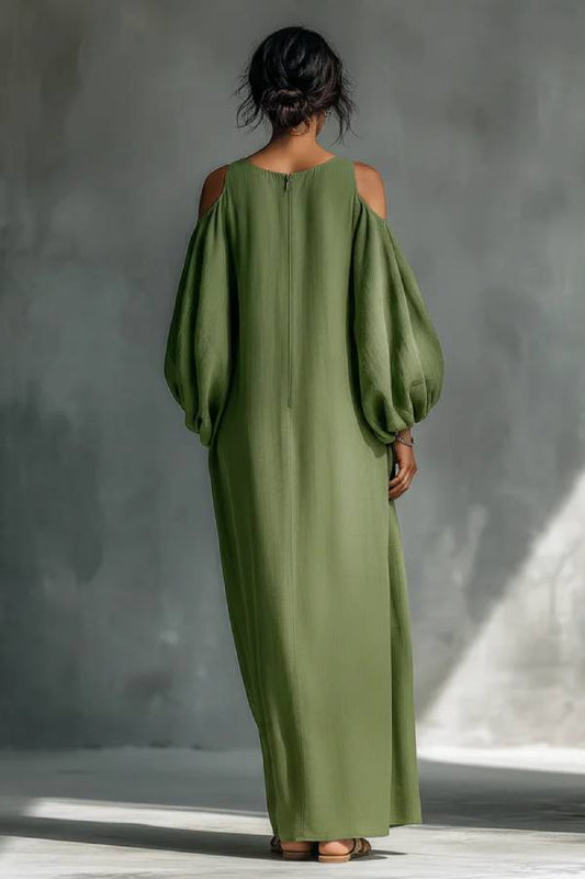 Green Off-shoulder Oversized Puff Sleeve Maxi Dress