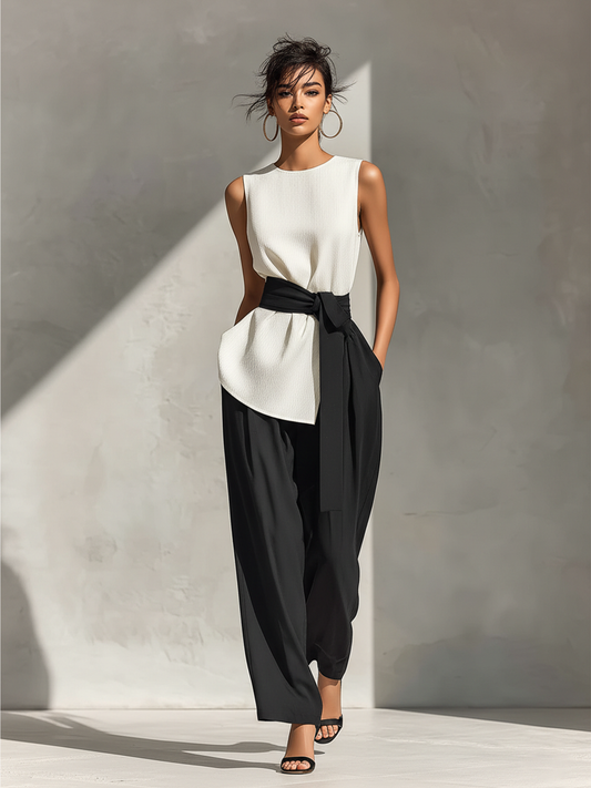 Women's White Sleeveless Top & Black Wide-Leg Pants Two-Piece Set With Contrast Belt MDZ1126B4T