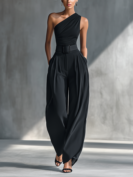 Women's Black Draped Wide-Leg Trousers MDZ2483B4T