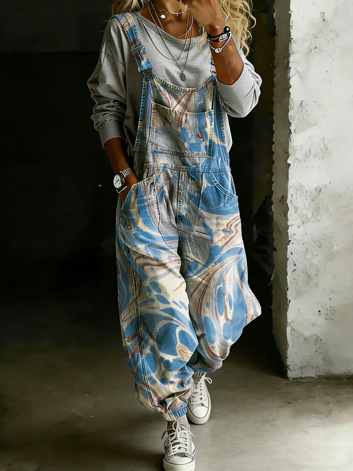 Women’s Vintage Abstract Psychedelic Art Print Casual One Piece Denim Jumpsuit