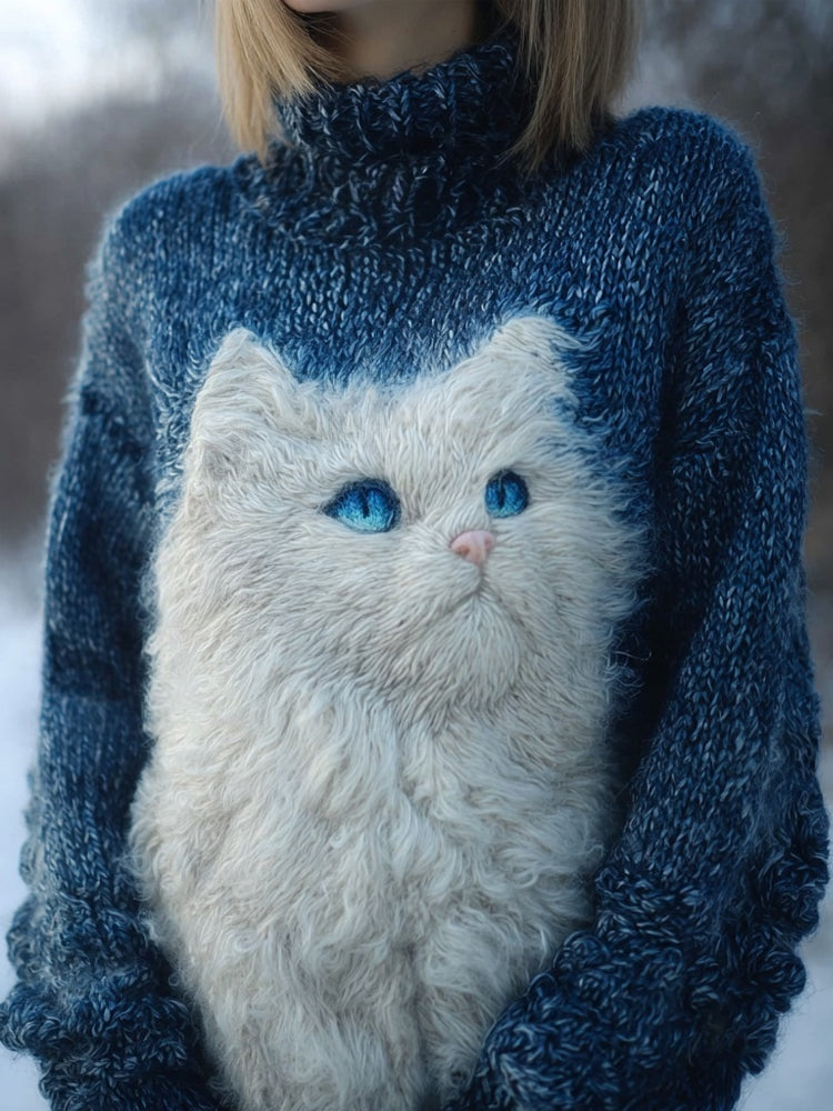 Pretty White Cat Embroidered Cozy Turtleneck Sweater
