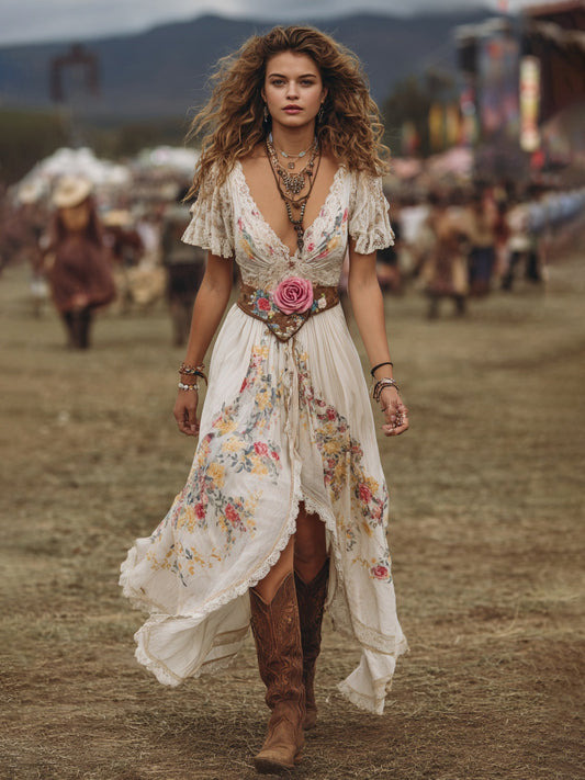 Cotton Floral Boho Maxi Dress With Lace Trim And Deep V-Neckline