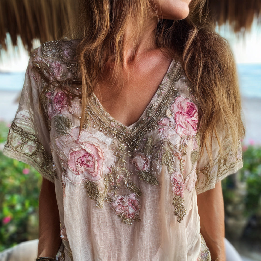 Ladies' Rose Embroidered Retro Short Sleeve V-neck Top