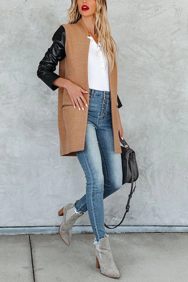 Fashion Woolen Stitching Solid Color Pocket