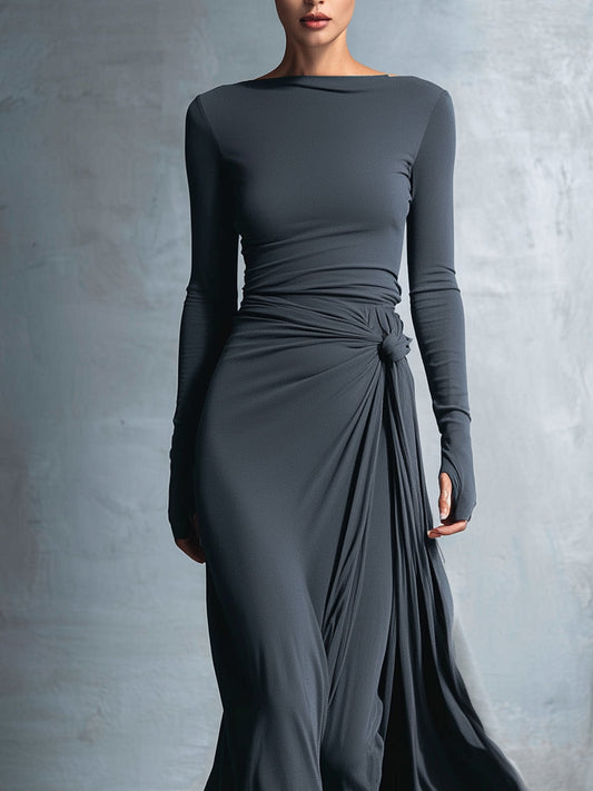 Women's Gray Exquisite Stretch Polyester-Cotton Blend Wrap Dress - Knotted Maxi Dress