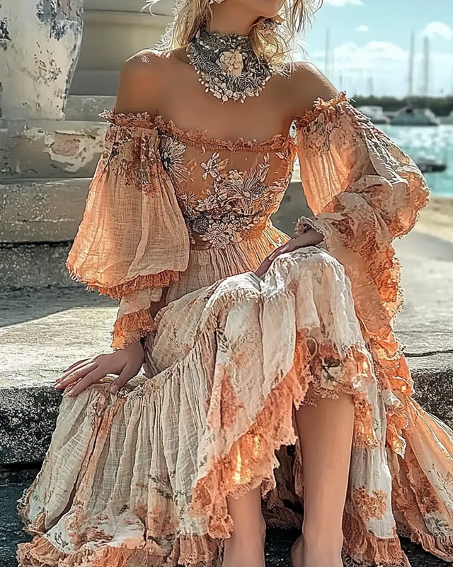 Summer Floral Embroidered Lace Patchwork Gradient Ruffle Dress 108e