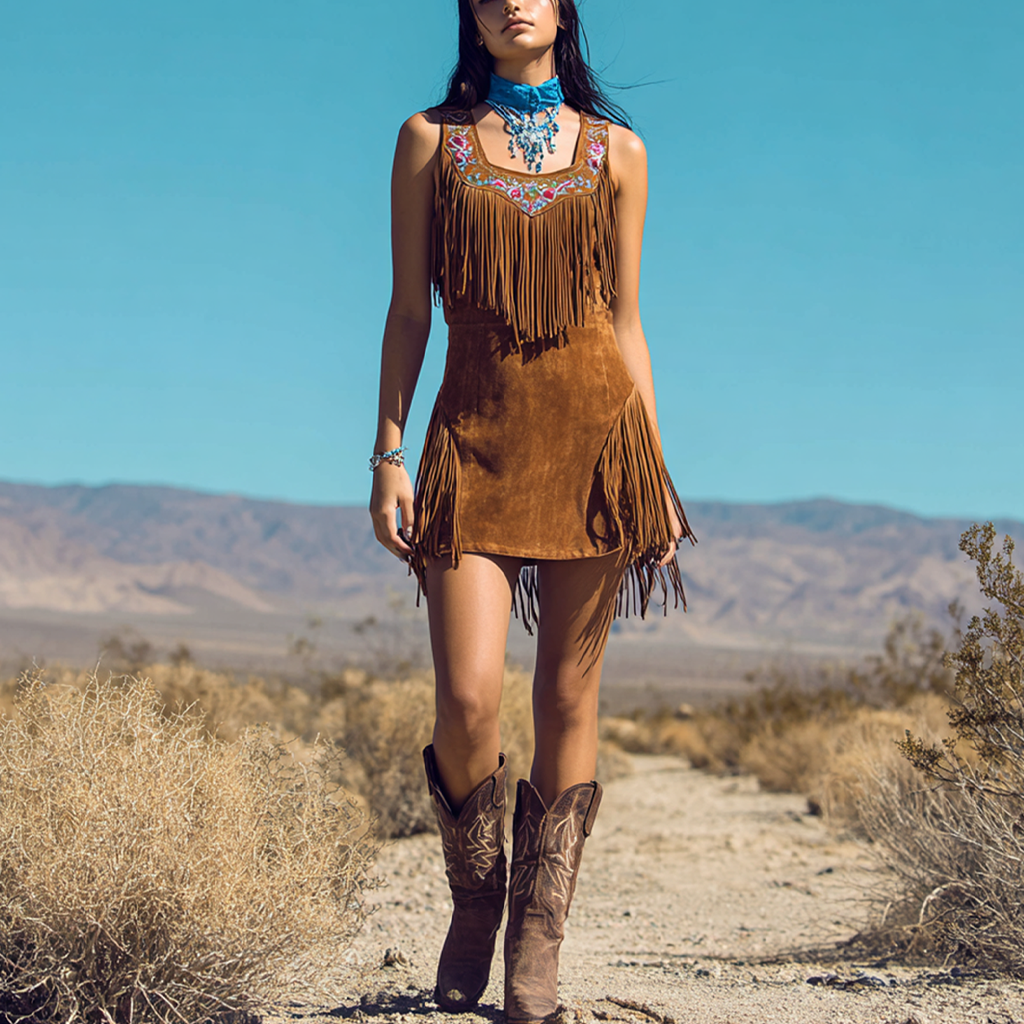 Country Concert Outfit Suede Fringe Mini Dress With Embroidered Neckline Boho Western Style Women's Summer Dress