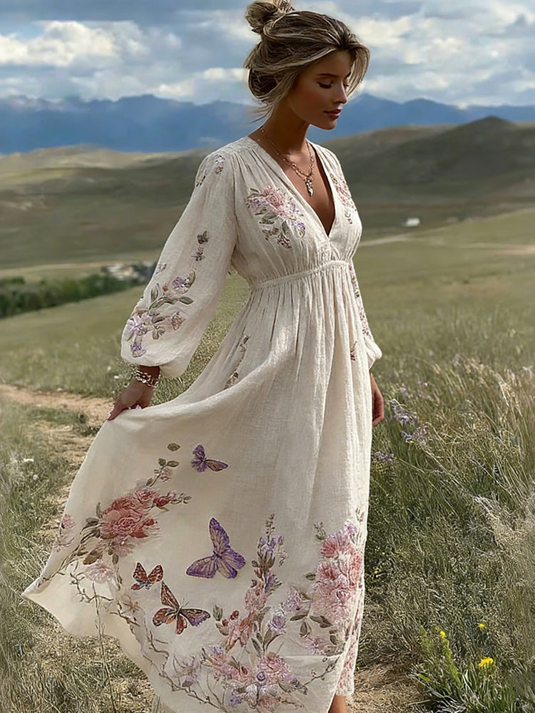 Women's Retro Bohemian Style Floral And Butterfly Comfortable V-neck Dress