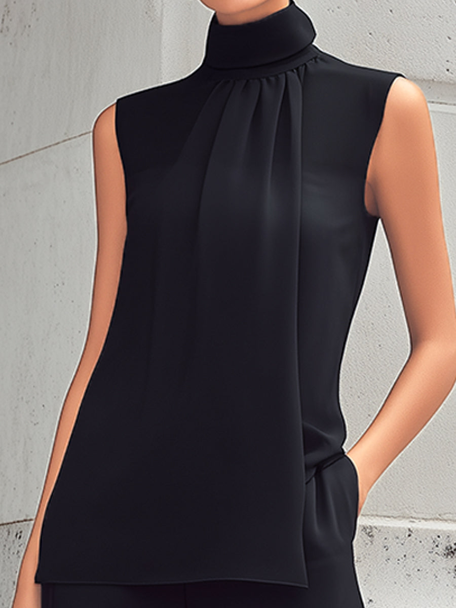 High Neck Pleated Front Sleeveless Top And Wide-Leg Pants Set