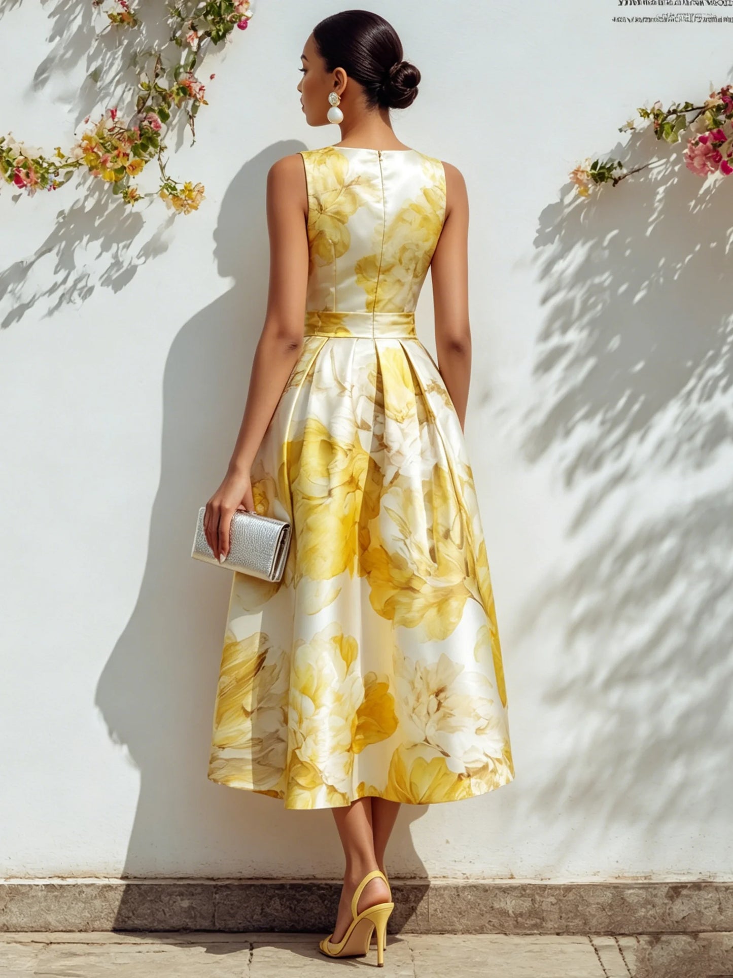 Yellow Floral Satin Boat Neck Sleeveless A-Line Midi Dress