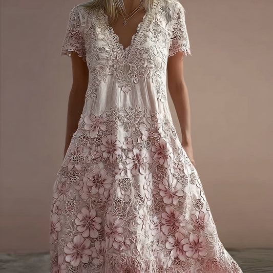 Vintage Floral Lace Embroidered V Neck Linen Maxi Dress