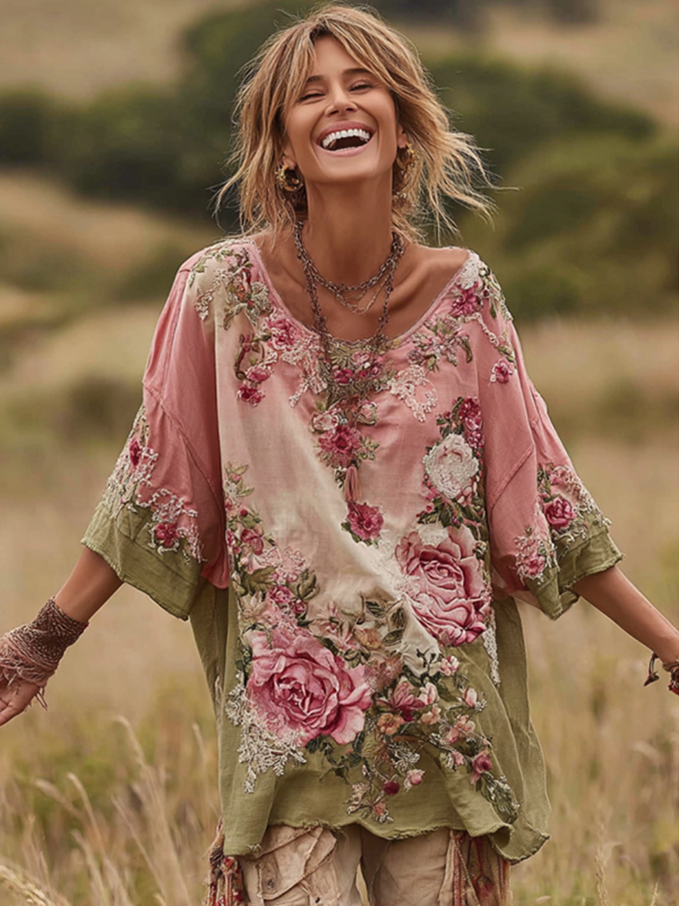 Vintage Pink Roses Pattern Art Linen Tunic 04e4
