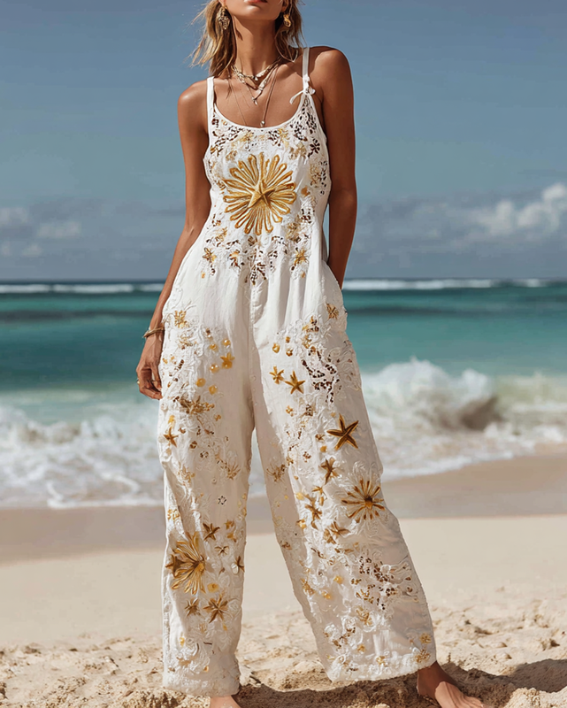 Summer Holiday Lace Handmade Star and Moon Embroidery Overalls c0cd