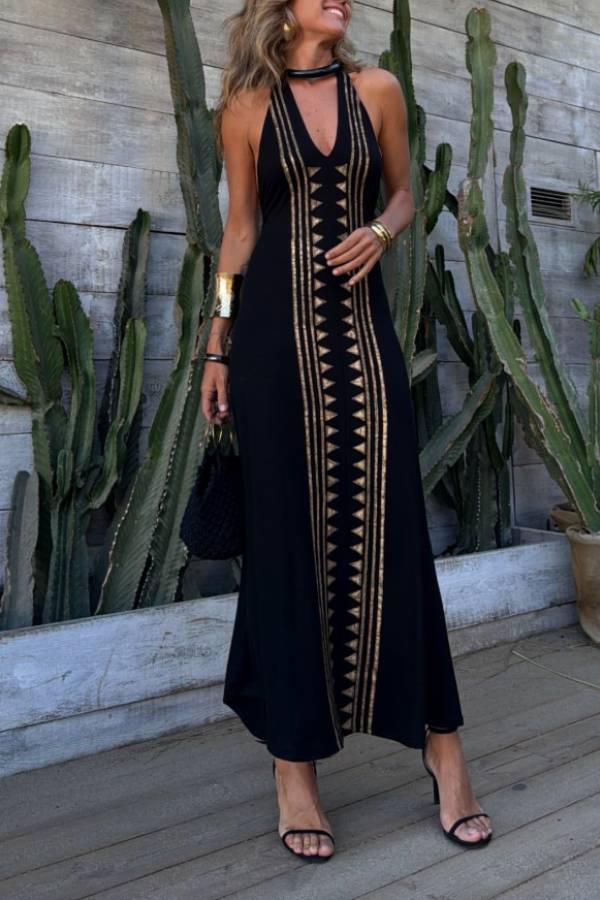 Ethnic style halter neck backless long dress