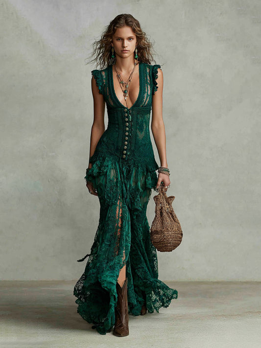 Lace Maxi Dress With Deep V-Neck And Ruffled Hem For Women