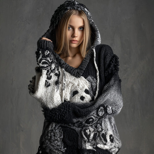 Women's Vintage Dog Embroidered Hooded Sweater