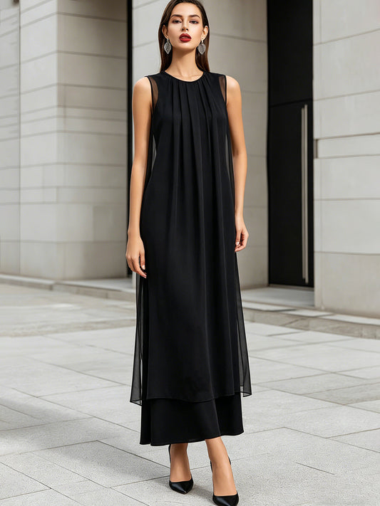 Layered Sheer Panel Pleated Sleeveless Midi Dress