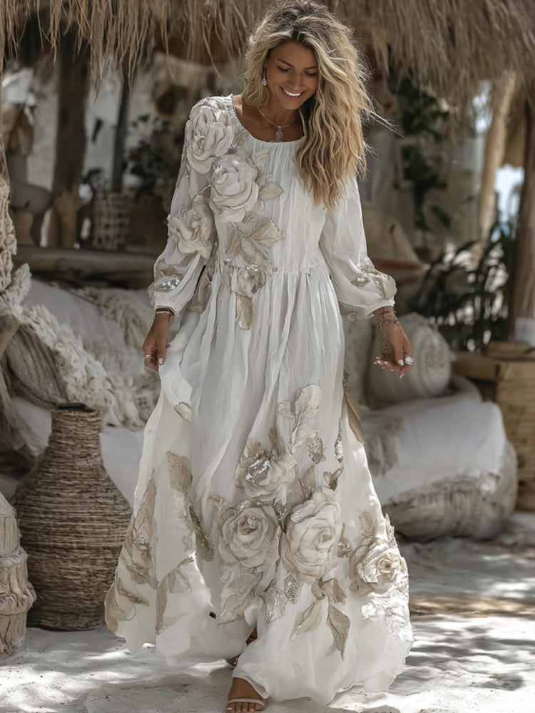 Women's Vintage White Rose Embroidery Art Comfy Linen Maxi Dress