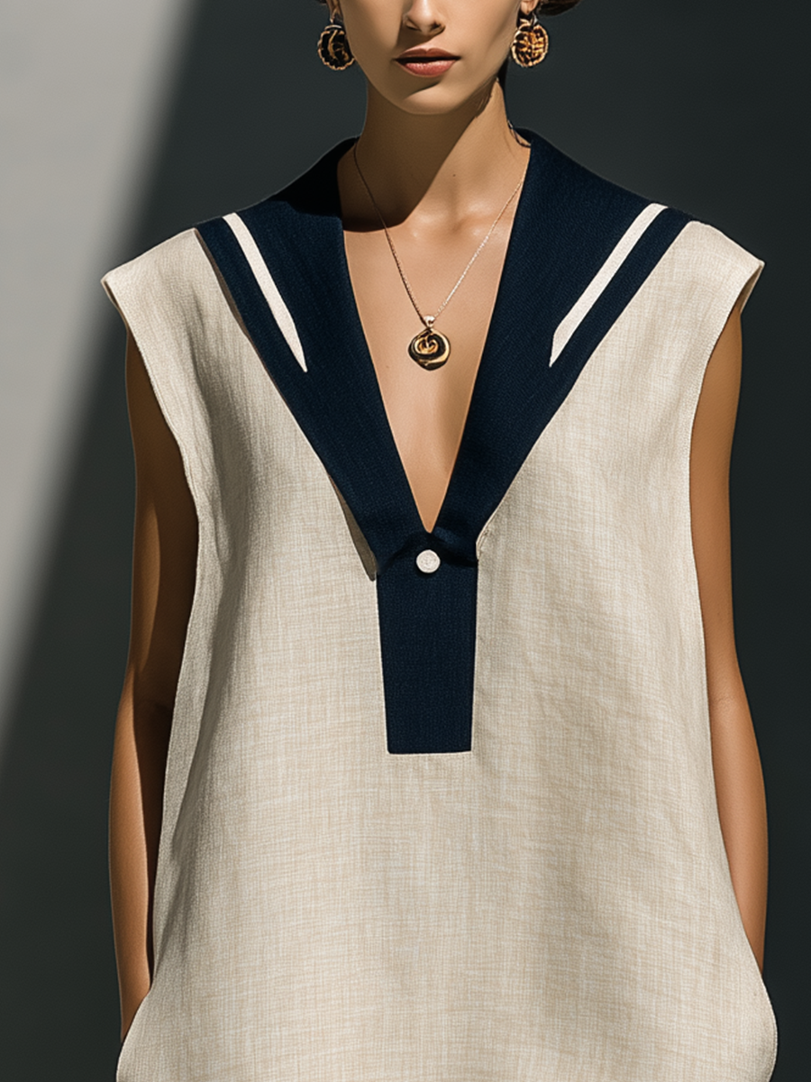 Women’s Beige Linen-Blend Sleeveless Sailor Collar Shift Dress MDZ2428D0T