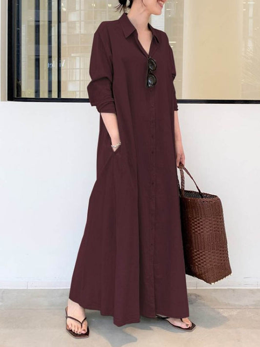 Women's Solid Color Casual Loose Elegant V-Neck Cotton And Linen Pocket Shirt Dress