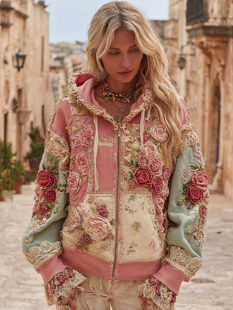 Vintage Floral Embroidery Patchwork Art Cozy Zipper Hoodie