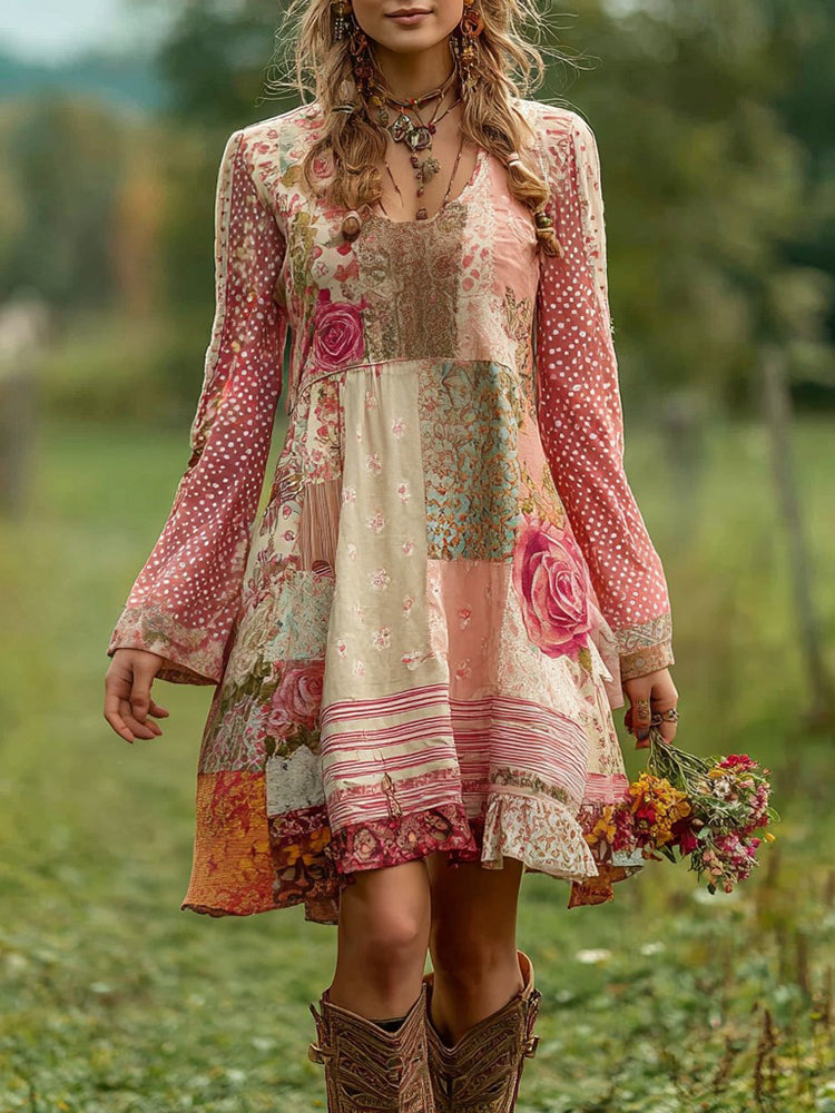 Women's Retro Rose Striped Casual Linen Short Dress