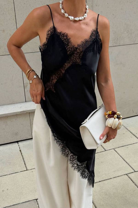 Lace-Paneled Satin Slip Dress with Asymmetrical Hem