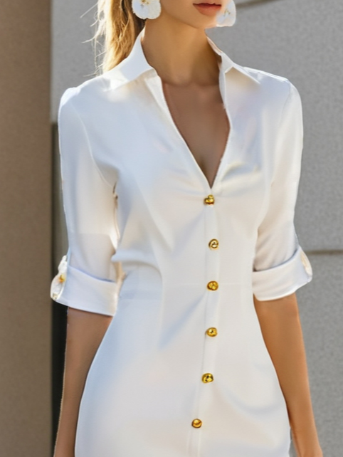 White Buckle Cotton Shirt Collar Short Sleeve Sheath Midi Dress