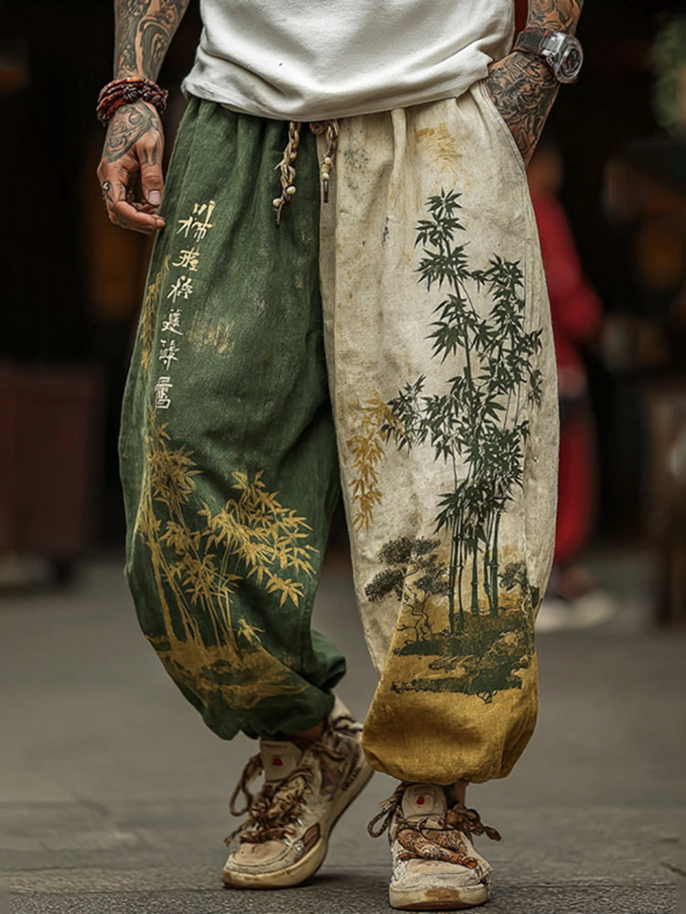 Men's Retro Japanese Bamboo Art Print Casual Pants