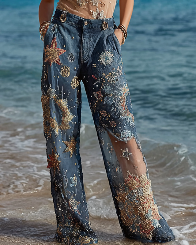 Summer Holiday Star and Moon Embroidered Lace Pants e1e2