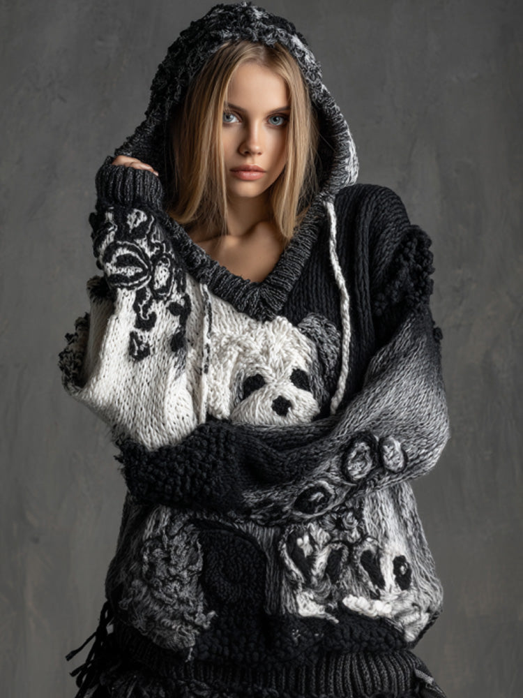 Women's Vintage Dog Embroidered Hooded Sweater