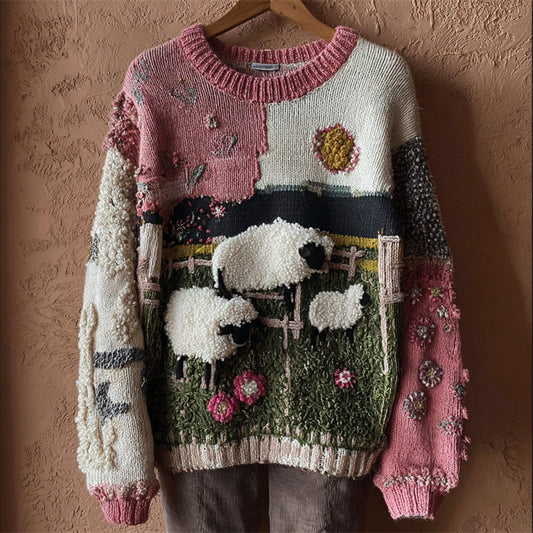 Vintage Farm Sheep Floral Colorblock Patchwork Cozy Knit Sweater