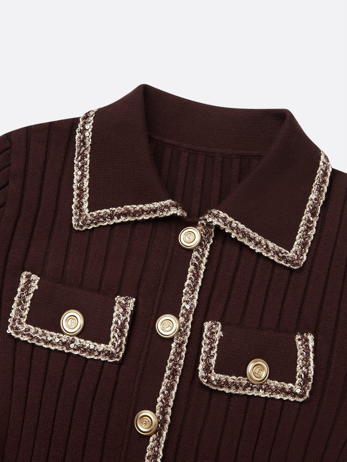 Red Brown Piping Buckle Sweater Lapel Collar Long Sleeve A-Line Midi Dress