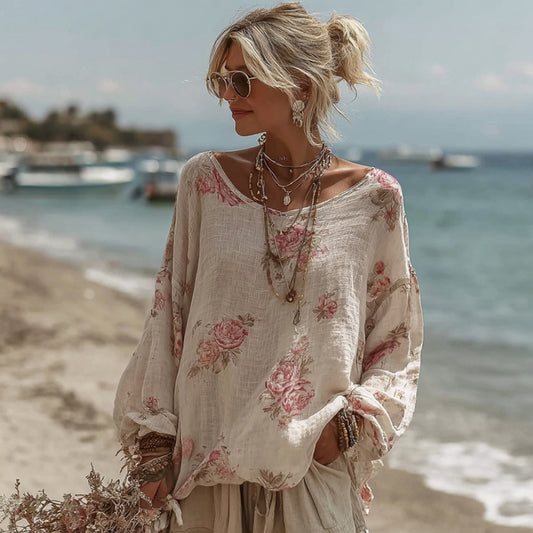 Women's Vintage Pink Rose Print Crew Neck Linen Blend T-shirt