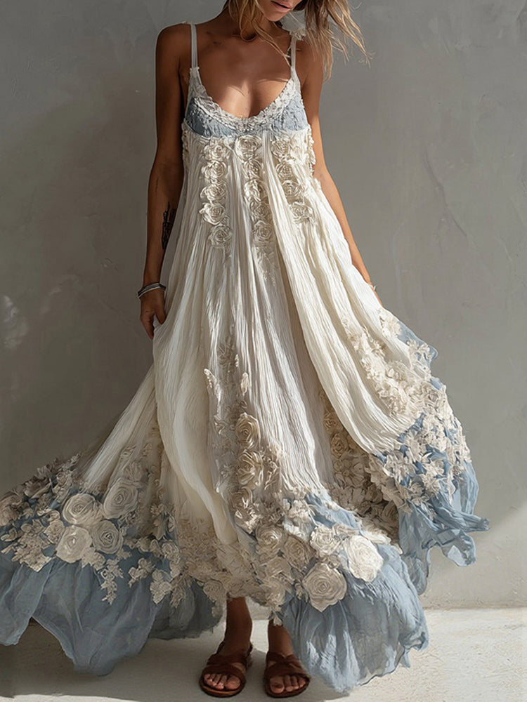 Women's White Rose Embroidered Gradient Casual Sleeveless Dress