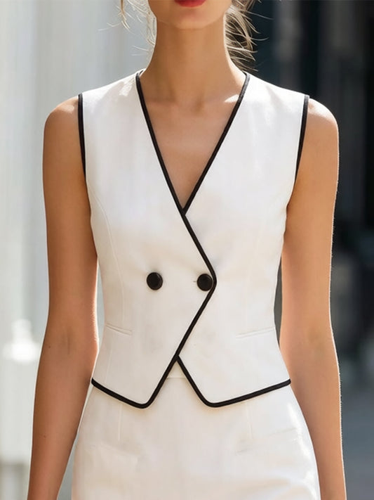 White Black-Trim Double-Breasted Vest & Mini Skirt Two-Piece Suit