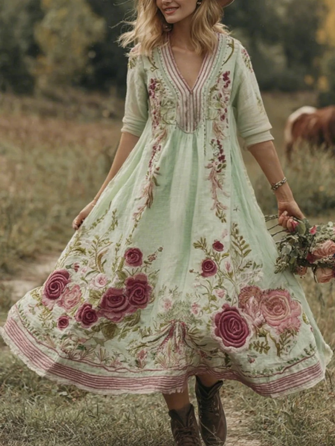 Classy Gradient Pink Roses And Striped Embroidered Linen Maxi Dress 67f2